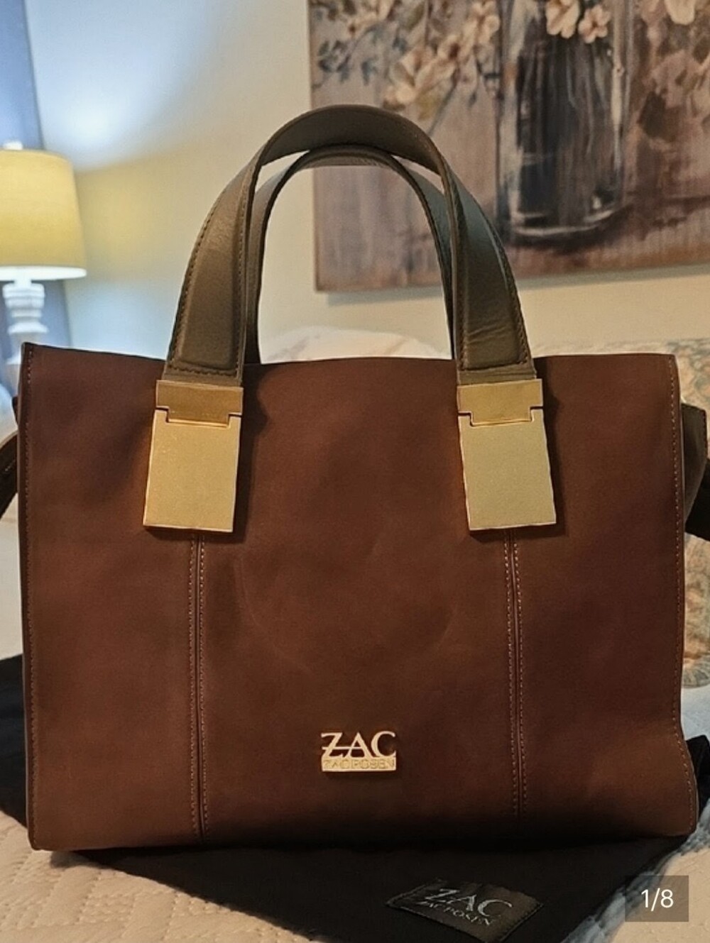 Zac Posen Chestnut Brown Suede Leather Top-Handle/Crossbody with Gold Hardware